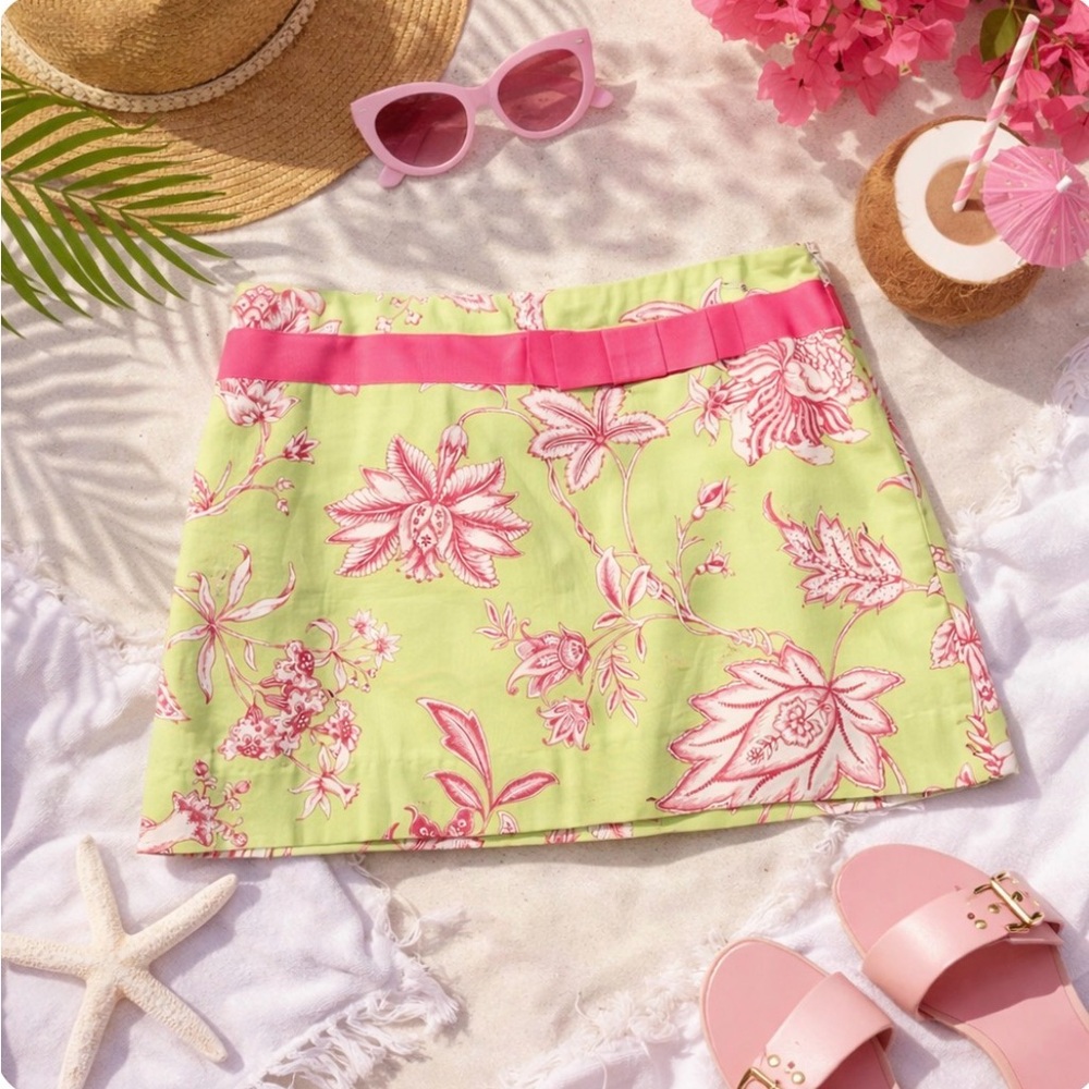 EUC MOLLY B. Mini Skirt Pink/Green French Toile w/ bow/ribbon, size 10